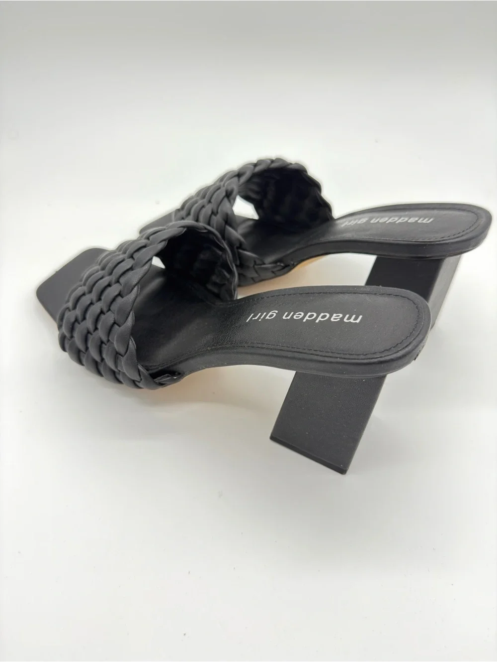 Madden Girl Black Braided Square-Toe Block Heel Slides